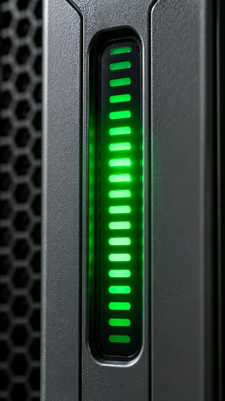 Una vista ravvicinata mostra barre verdi illuminate che cambiano su un pannello di controllo verticale con uno sfondo scuro e texturizzato, illuminazione morbida e composizione che enfatizza i dettagli elettronici e il movimento dello stato digitale.