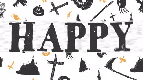 Animation-of-happy-halloween-text-over-pumpkins,-spiders,-crosses-on-white-background