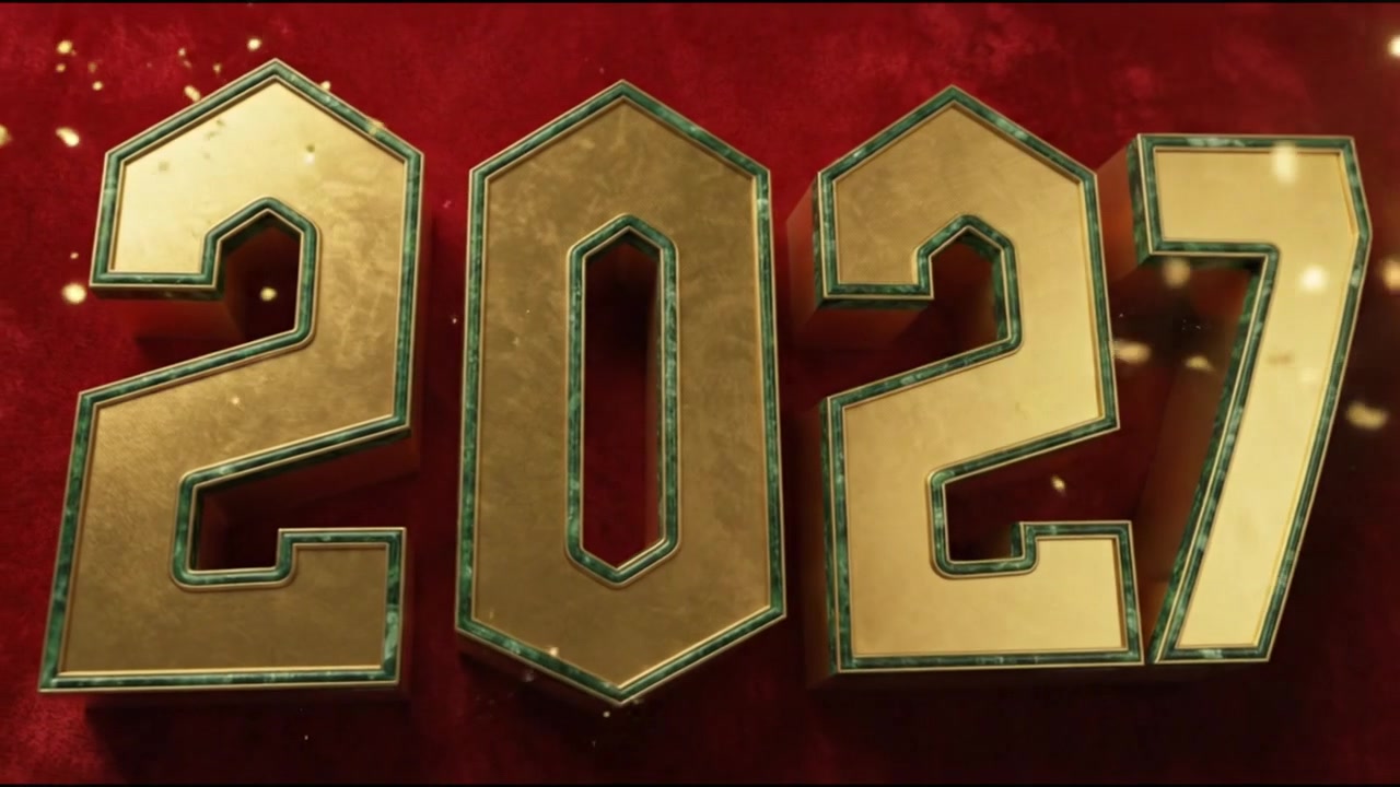 Animazione del numero 2027 di Capodanno con testo tridimensionale rosso oro su sfondo scuro