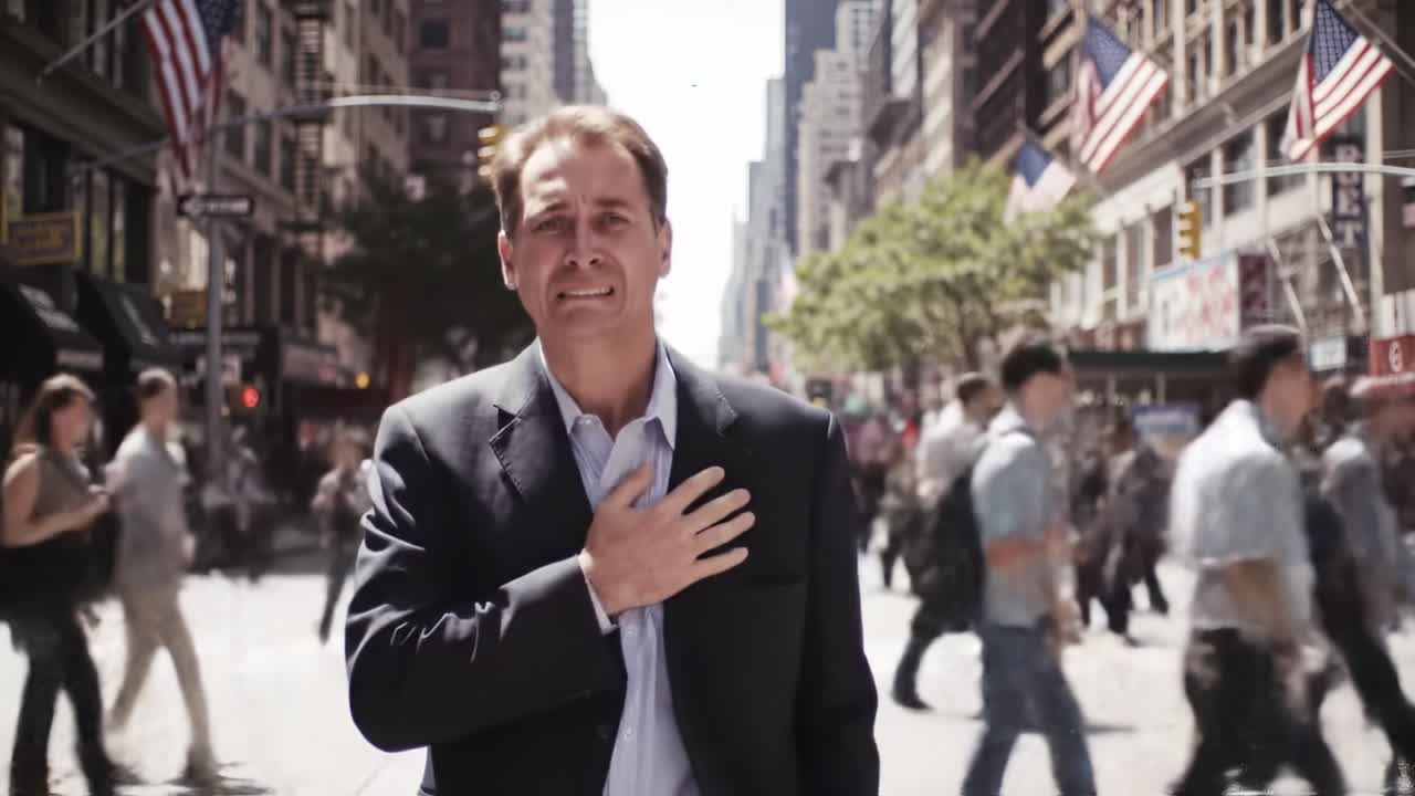 A man stands in a bustling city street, expressing emotion while surrounded by a crowd of busy pedestrians, showcasing the contrast between individual feelings and urban life.