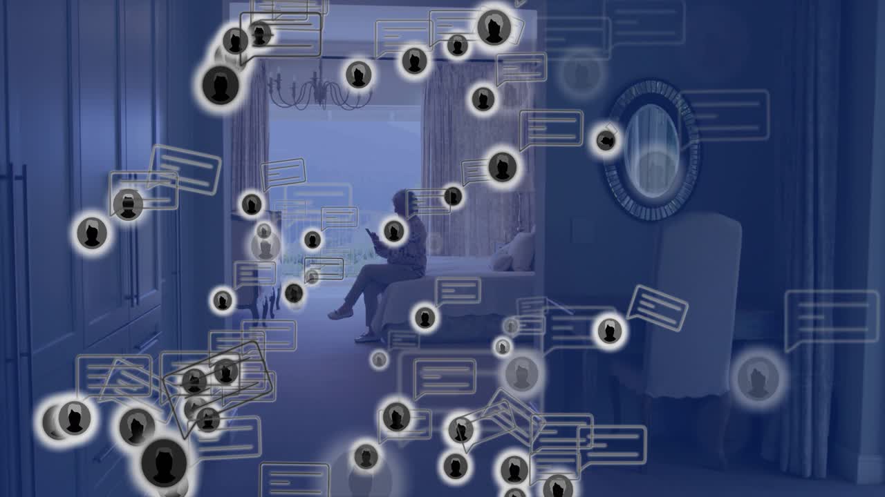 Senior woman tapping smartphone on bed generating chat bubbles, user icons showing data flow