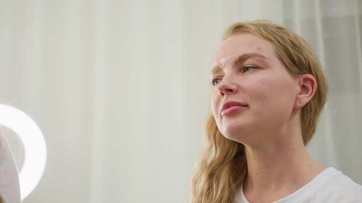Lady with blonde hair tucked behind ear sits calmly as beautician gently cleans her eyebrow using cotton pad during beauty session under soft lighting in modern salon environment