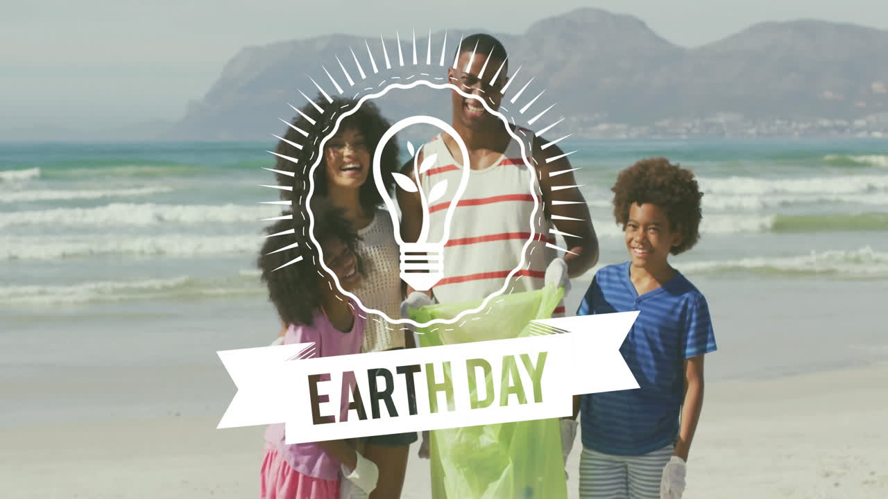 Earth Day animation over family cleaning beach with mountains in background