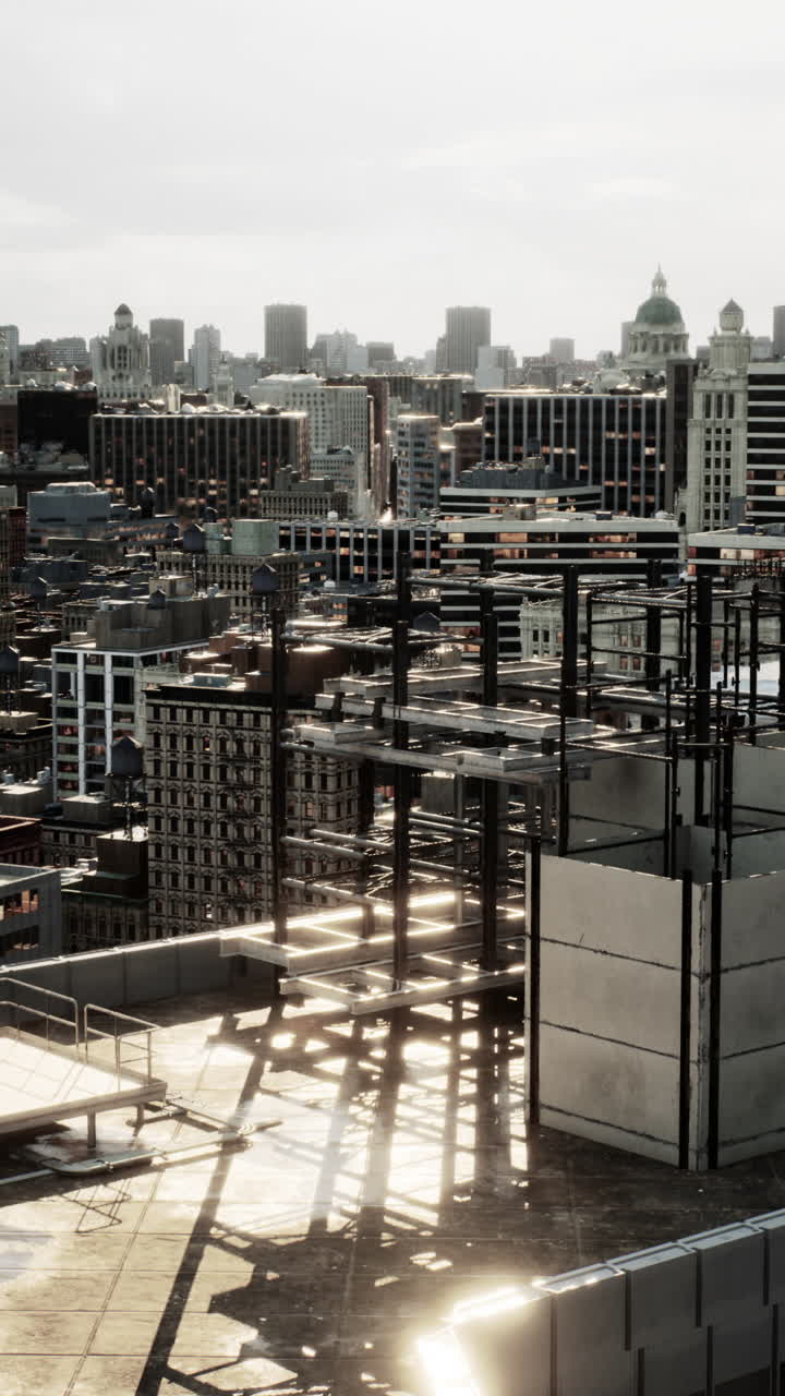 paisaje urbano con sitio de construcción y puesta de sol