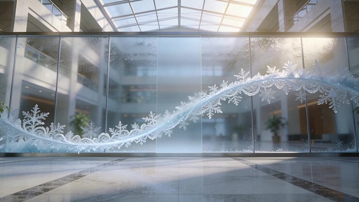 Rising icy ribbon sweeping across glass from left frost, catching skylight and marble floor