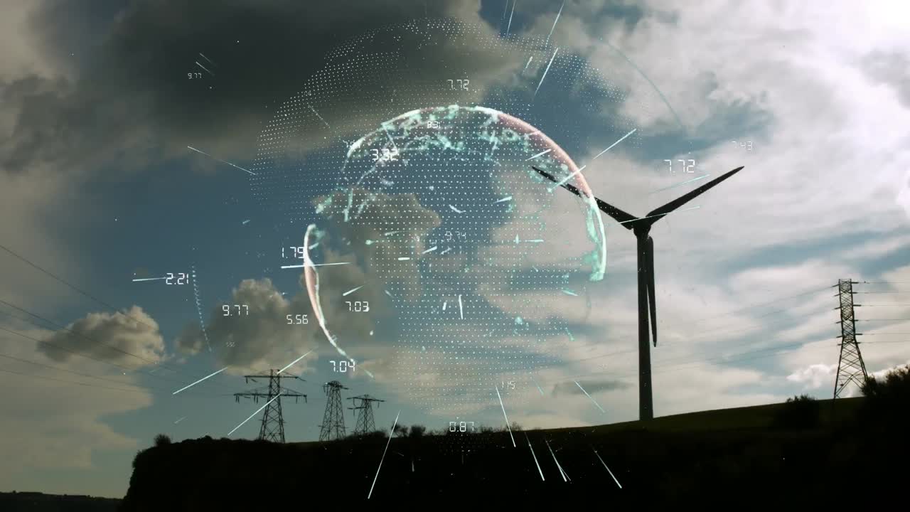 Animation of globe with spots over wind turbine