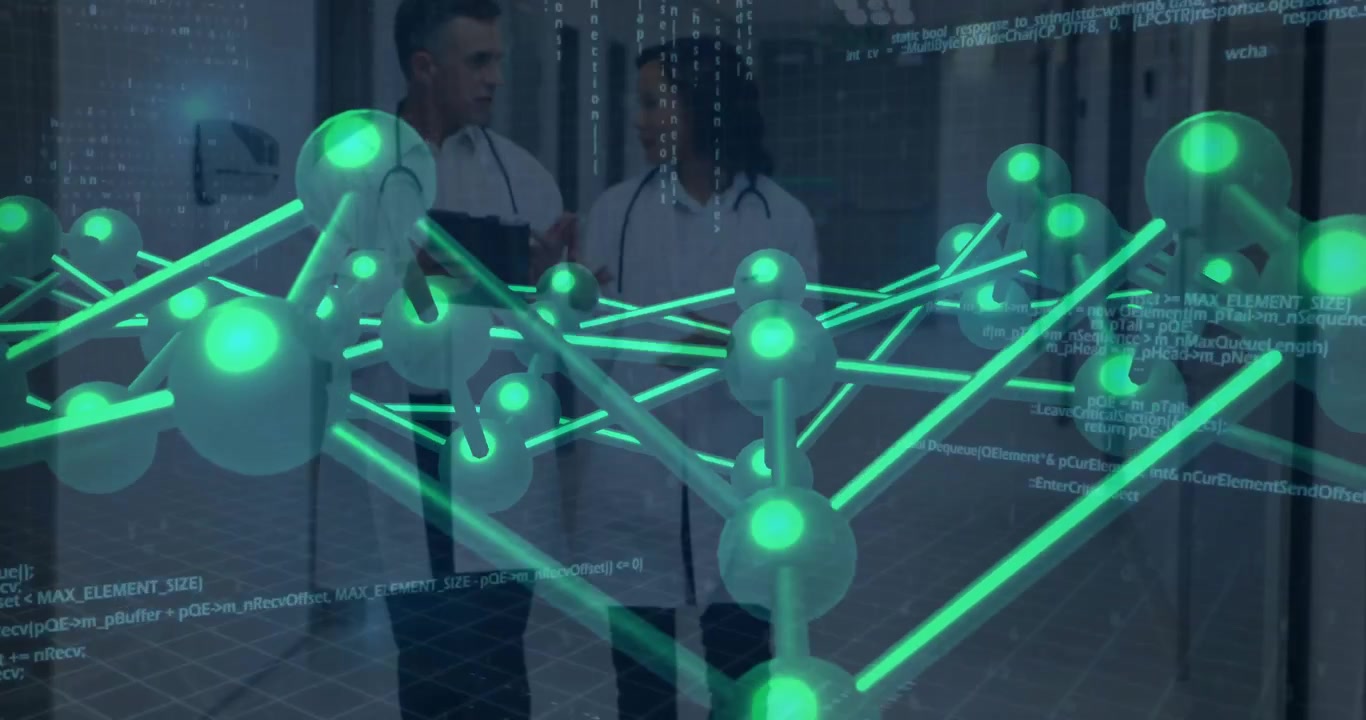 Two doctors walking corridor initiating green mesh overlay streaming code visualizing patient data