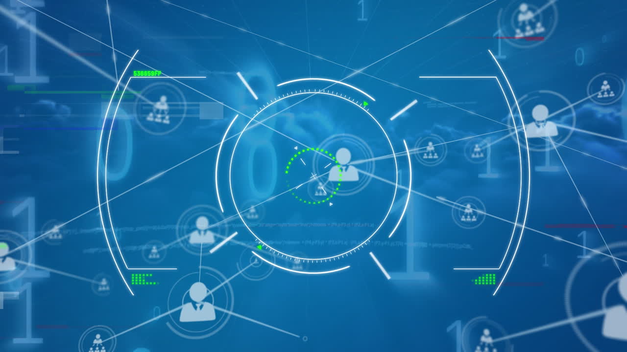 사람과 연결된 네트워크의 애니메이션, 아이콘, 이진 코딩 데이터 처리