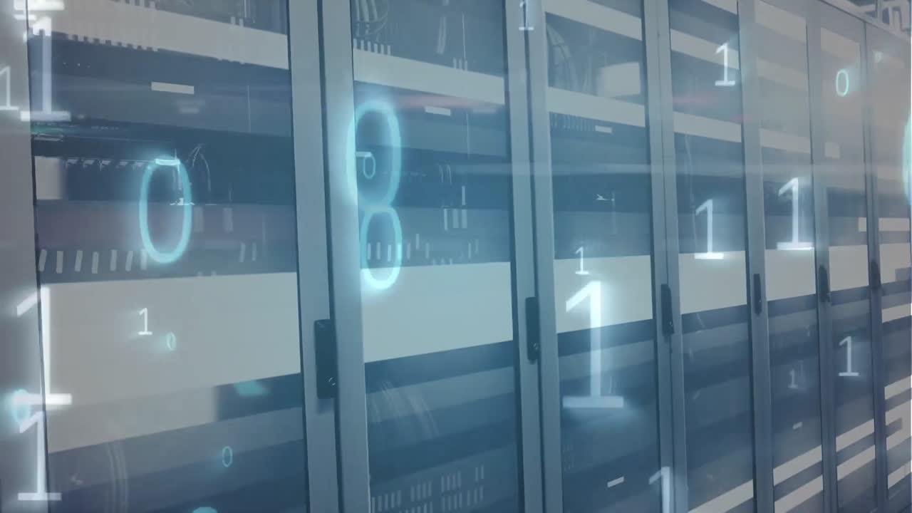 animación de una red de iconos y conexiones, procesamiento de datos e información digital en un servidor