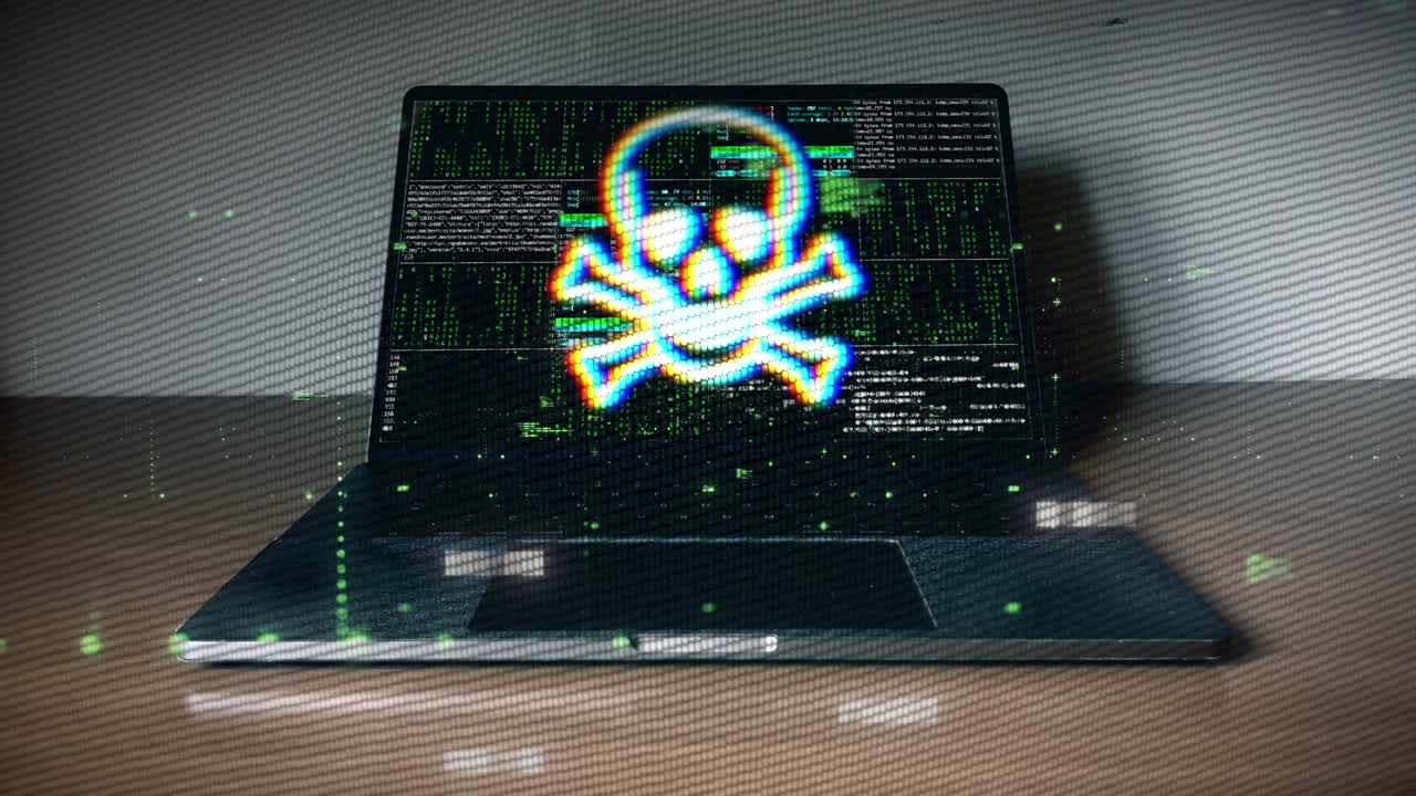 Hacker's Laptop Screen Showing Skull and Crossbones with Code