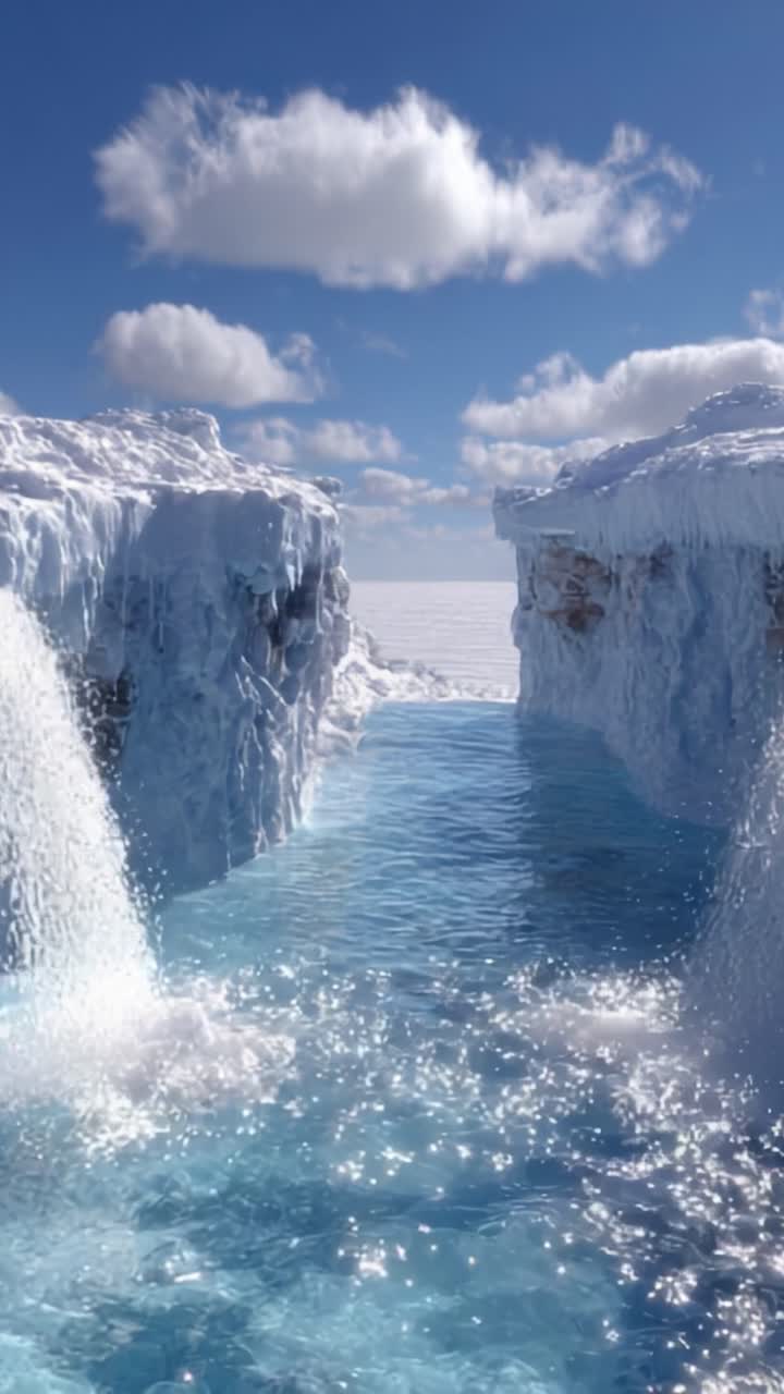 Paisagem glacial deslumbrante destacando um curso d'água sereno cercado por majestosas formações de gelo sob um céu azul brilhante com nuvens fofas