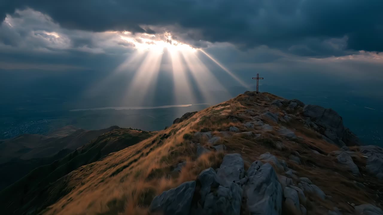 Raggi di sole che illuminano la cima della croce di montagna