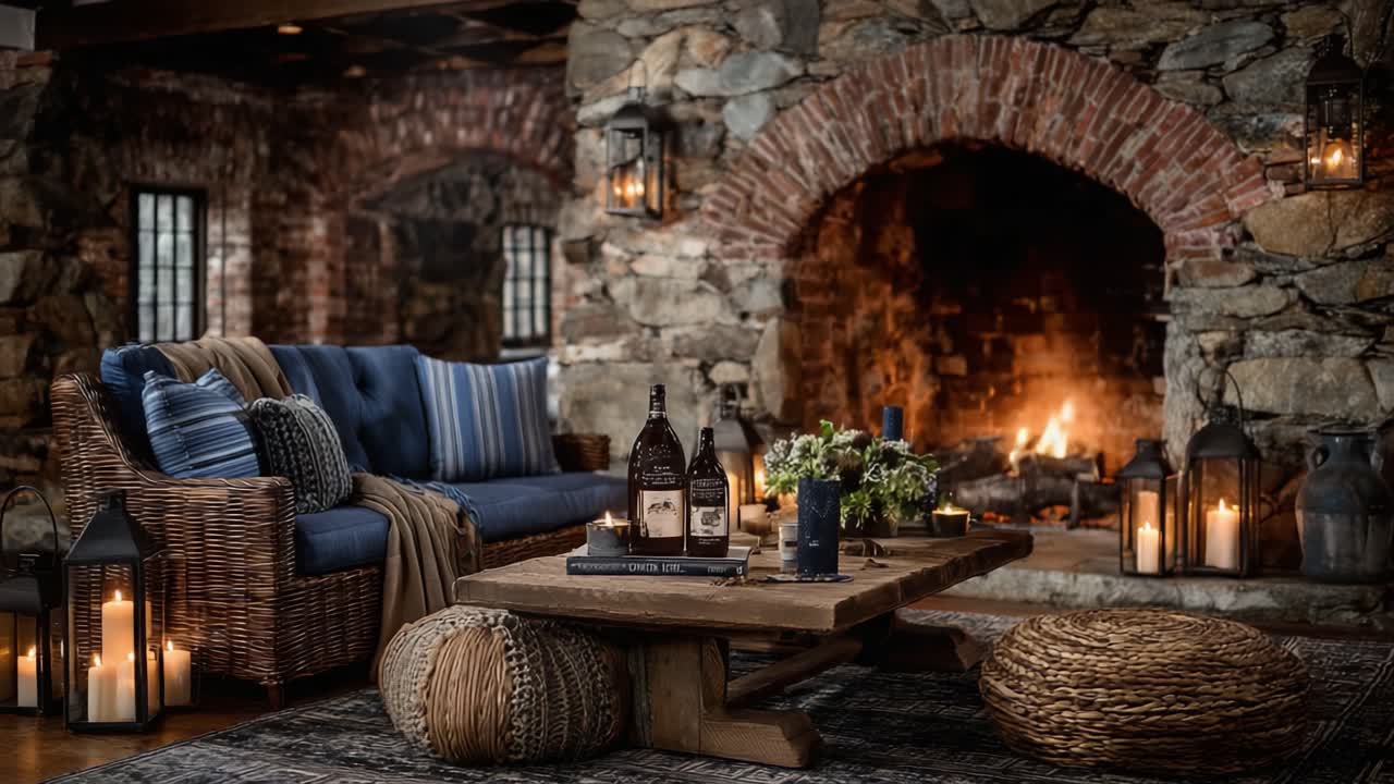 Un Accogliente Soggiorno con Camino in Pietra, Mobili Eleganti e Illuminazione Calda Che Crea un'Atmosfera Invitante per il Relax e gli Incontri