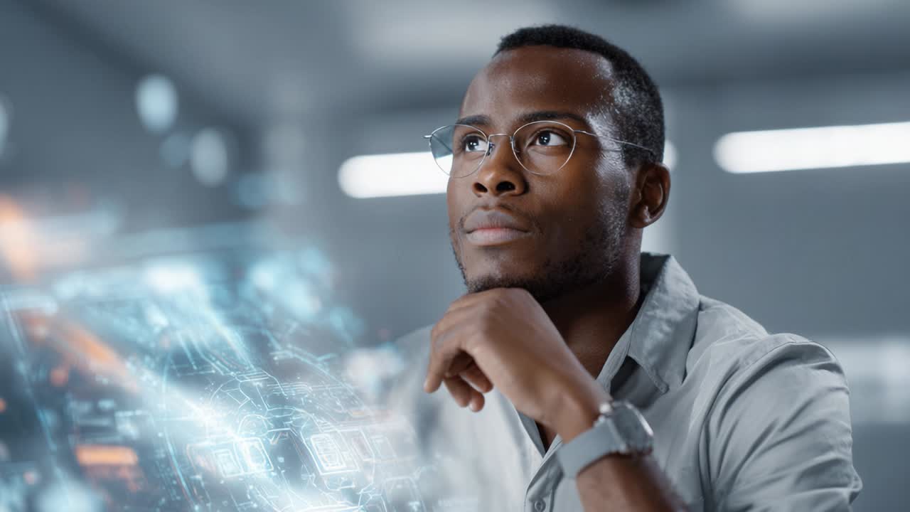 Man interacting with futuristic technology