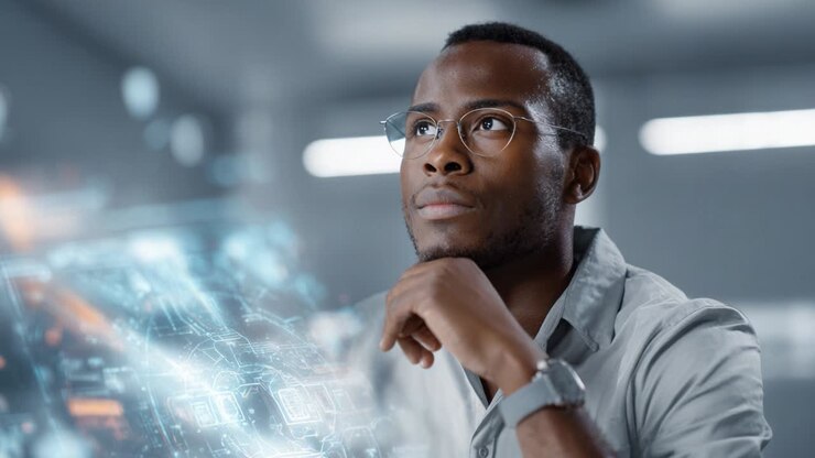 Man interacting with futuristic technology