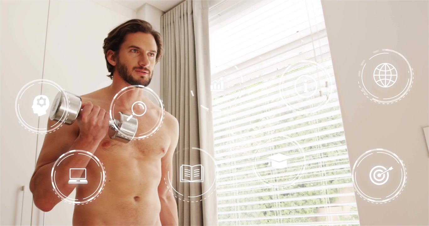 Shirtless man curling dumbbell for strength with interface fading in and highlighting icons