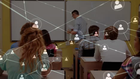 la animación digital muestra una red que conecta a los estudiantes y al maestro en un aula.