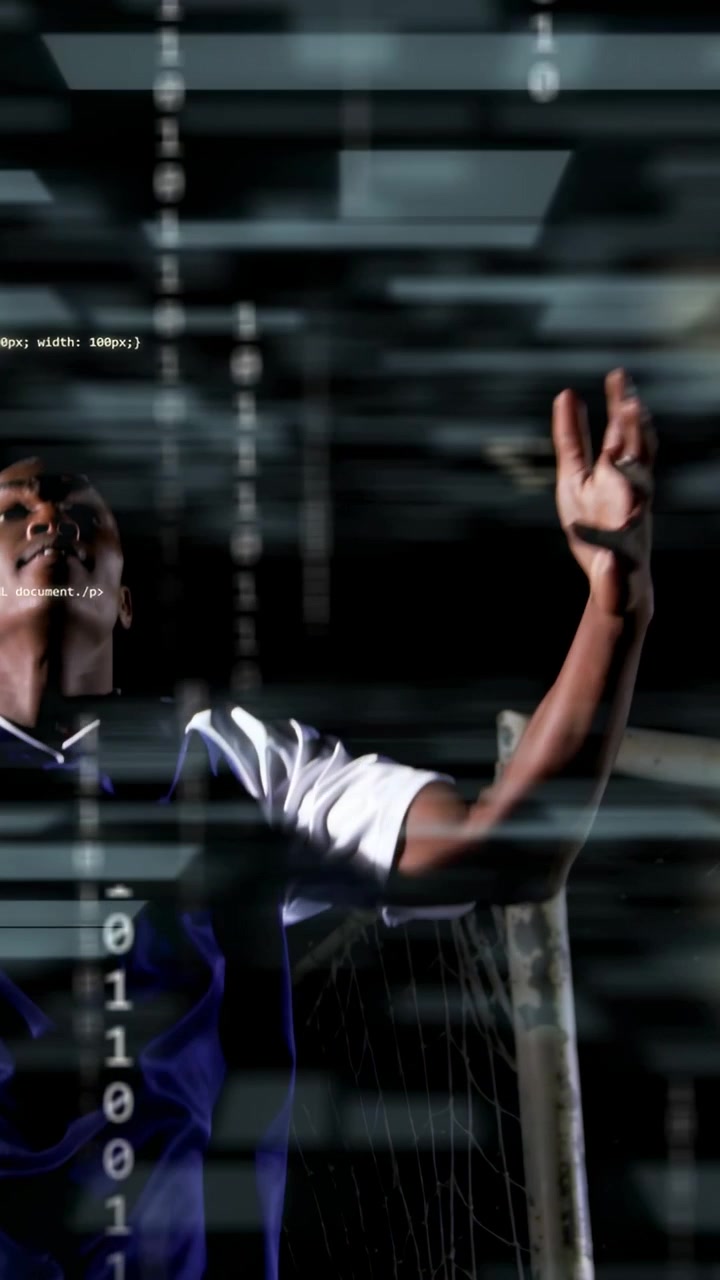 Vertical video: Sportsman tracking ball up, raising arms readying catch by goal, code aligning