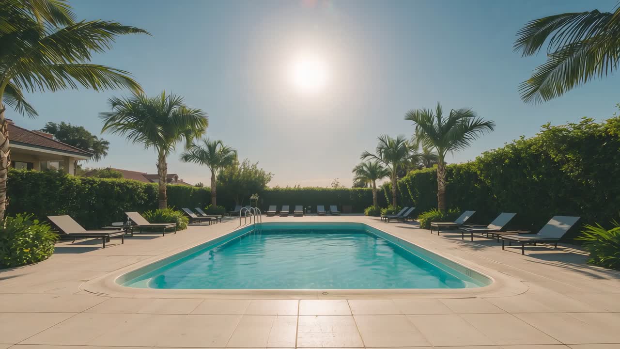 Glitrende rektangulær pool reflekterer den skarpe sol ved en privat terrasse, med stige og brise der bevæger palmerne.