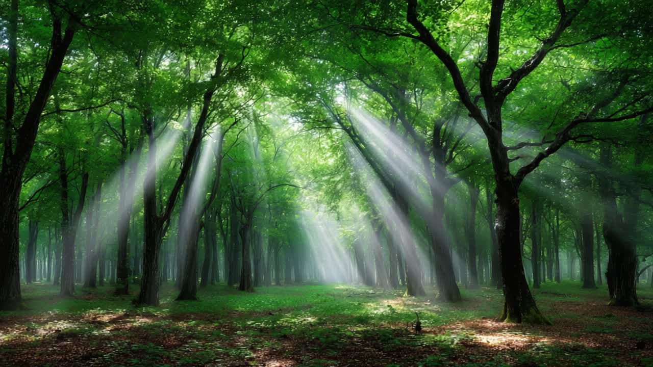A Serene Forest Scene Illuminated by Sunbeams Filtering Through Lush Green Foliage, Creating a Peaceful Atmosphere Amongst the Majestic Trees