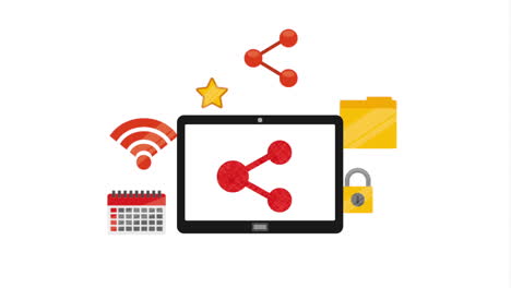 tableta con compartición, wifi, calendario, carpeta y iconos de seguridad