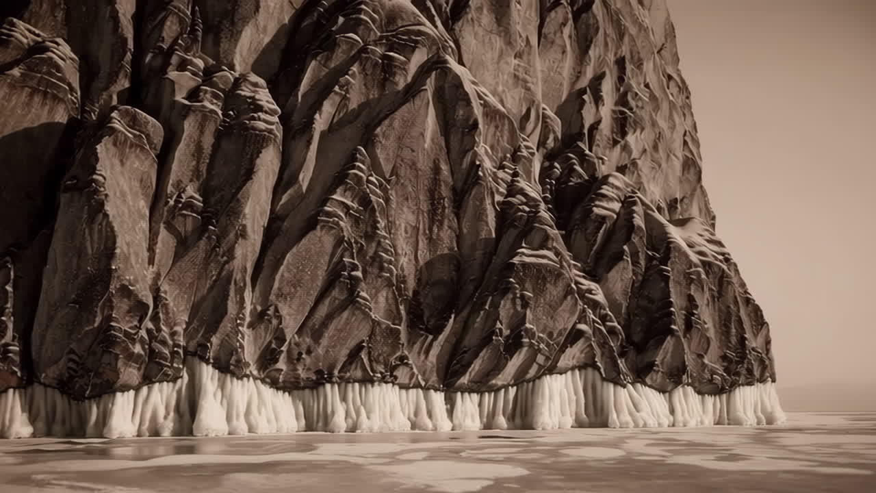 Icy Rocky Cliff with Icicle Formations