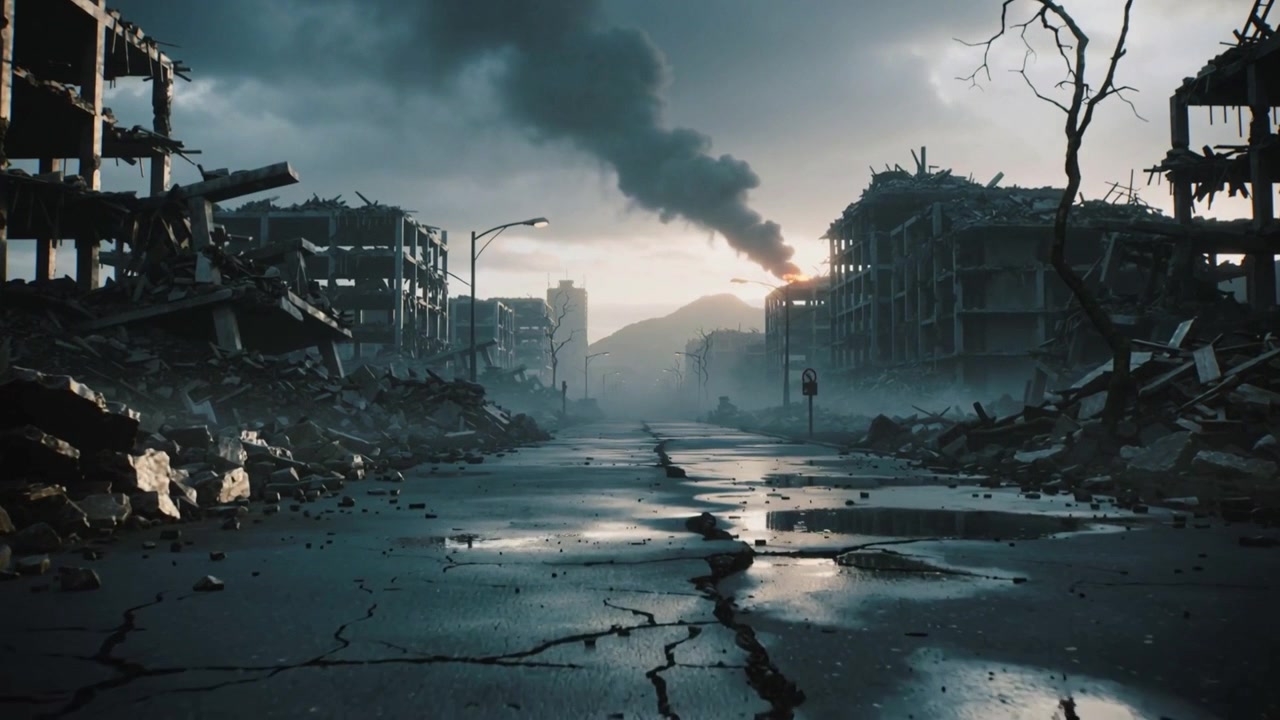 Telecamera che avanza rivelando una strada centrale crepata in un centro città in rovina, con pozzanghere che riflettono il fumo.