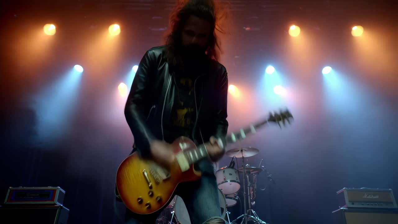 Chitarrista rock che suona la chitarra elettrica sul palco con luci sceniche.