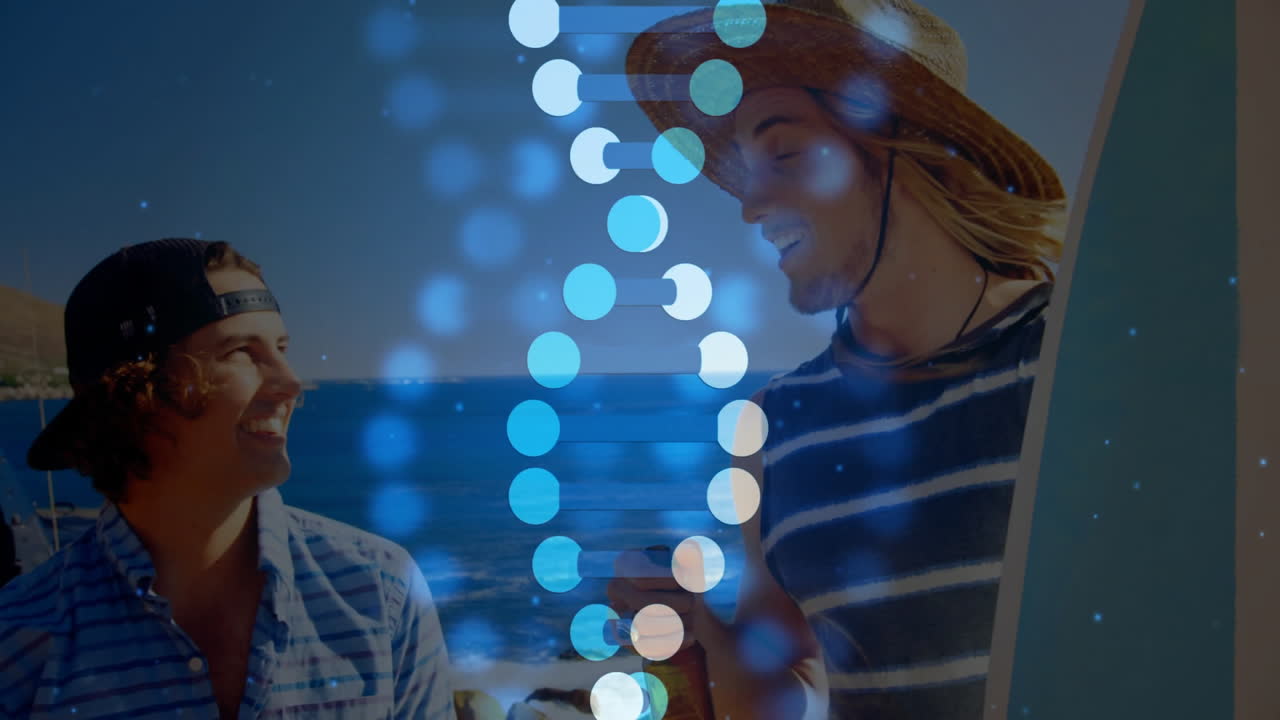 Two men holding surfboard by ocean, smiling and showing technology glowing circles and bars