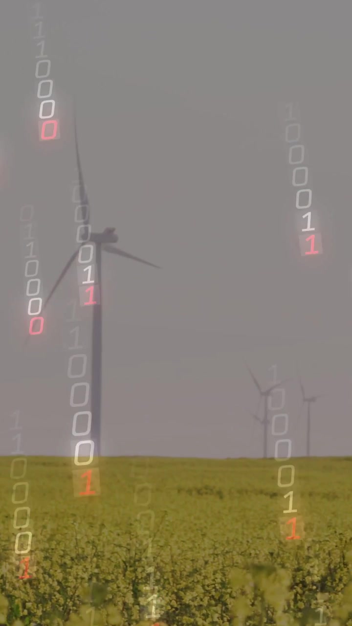 Video verticale: Un 1 rosso luminoso che avvia flussi binari in caduta, con turbine e colture che ricevono dati.