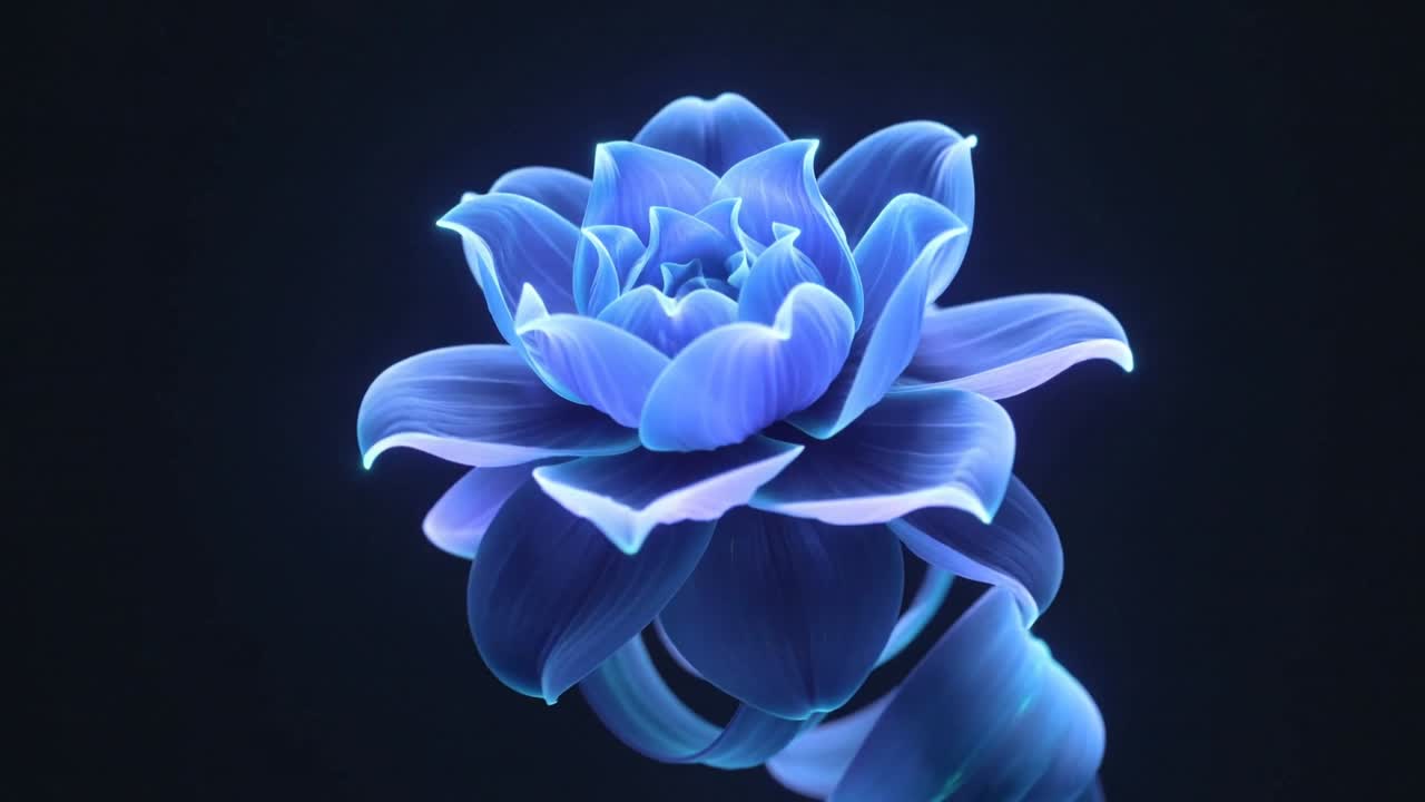 Frame starting glowing ribbon coiling into inner bud and unfolding blue bloom at studio