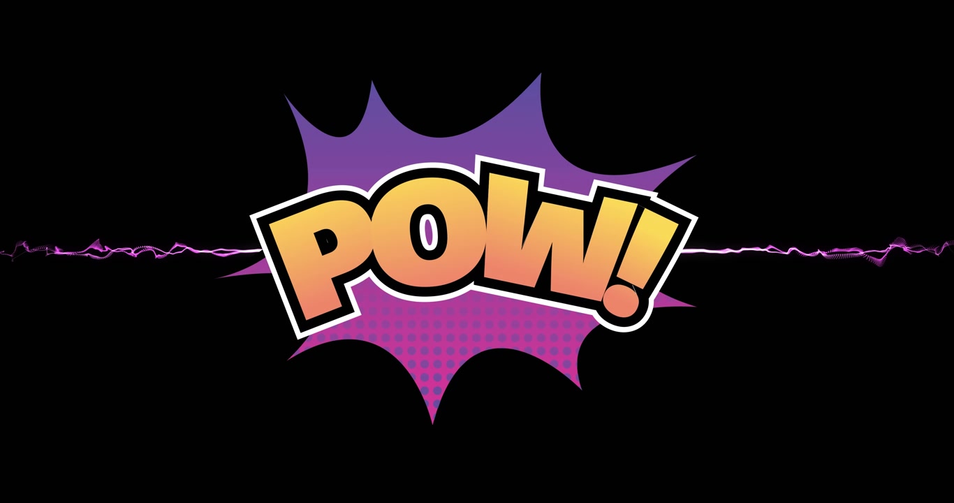 Hoạt ảnh chữ "pow" với pháo hoa trên nền đen.