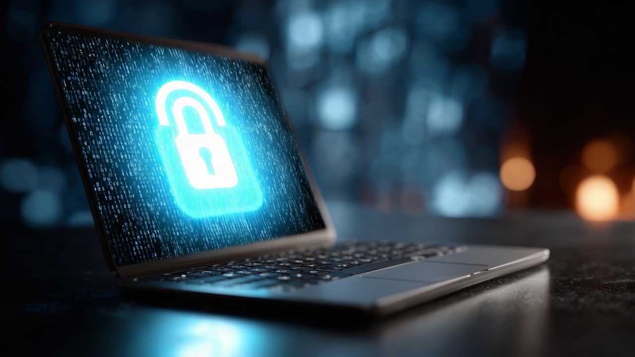 A modern laptop displays a glowing digital padlock symbol, representing cybersecurity, data protection, and the importance of safeguarding sensitive information in the digital age