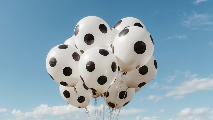 Rising cluster of white polka-dot balloons drifting in blue sky, breeze lifting strings