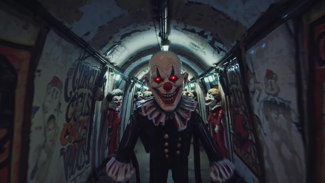 Sinister character walks through a dimly lit corridor lined with eerie clown figures, enhancing the suspenseful ambiance of this haunting scene filled with tension