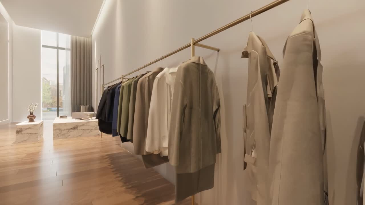 Video ripreso dal basso di un armadio minimalista con cappotti dai toni neutri su un appendiabiti elegante.