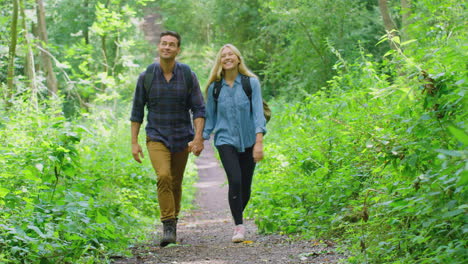 loving couple in countryside hiking along path through forest holding hands together