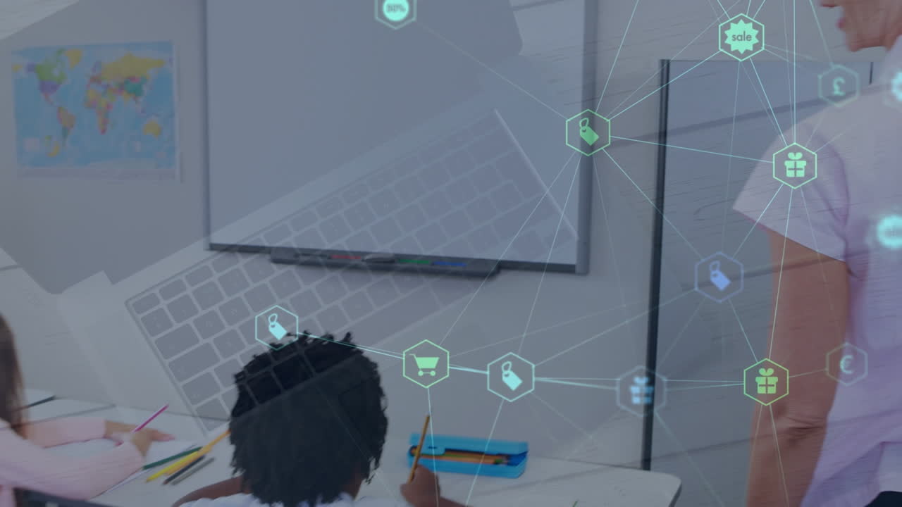 animación de la red de conexiones y computadoras portátiles sobre diversos escolares y maestros en el aula