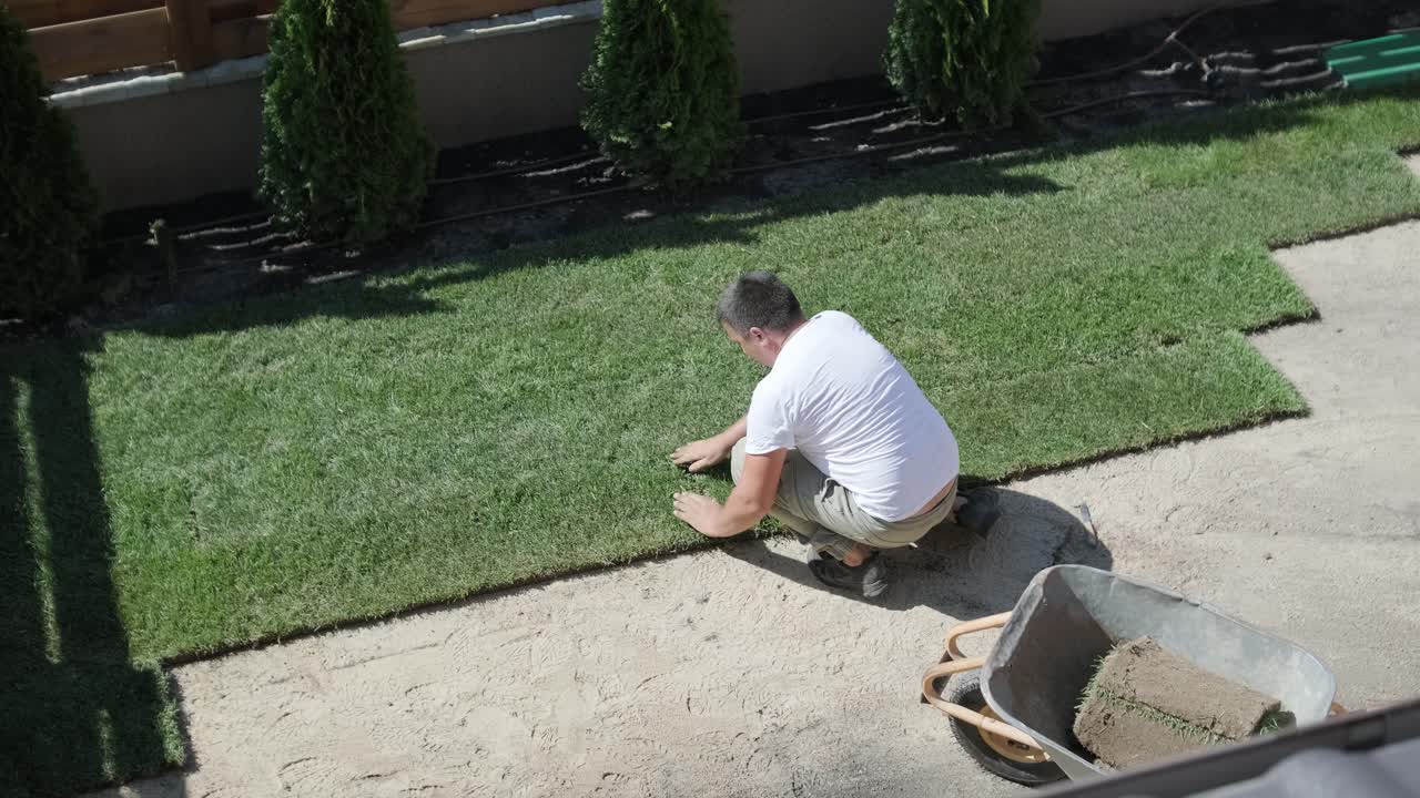 전문 정원사에 의해 설치 된 새로운 자연 잔디 잔디의 롤.