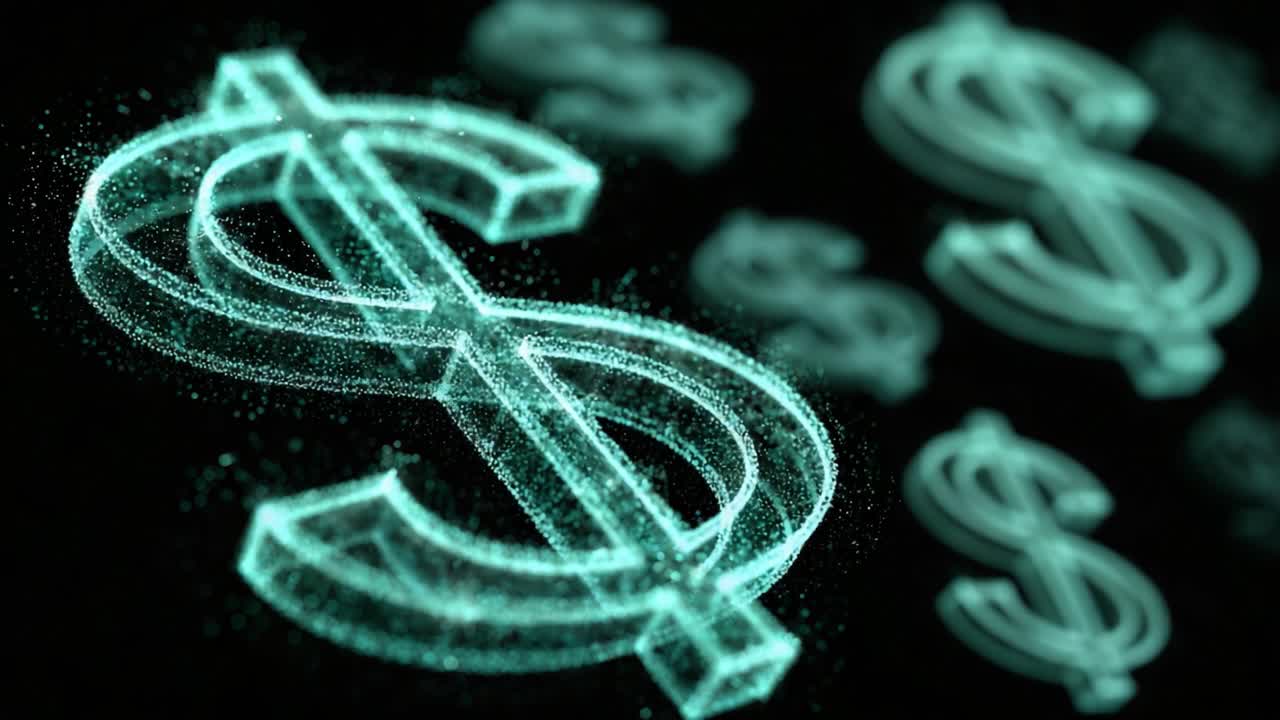 Visualisation abstraite de symboles dollar représentant la richesse et la monnaie dans un paysage numérique avec un effet lumineux soulignant les concepts financiers.
