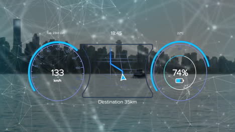 Animation-Eines-Tachometers-Und-Eines-Verbindungsnetzwerks-über-Einer-Stadtlandschaft