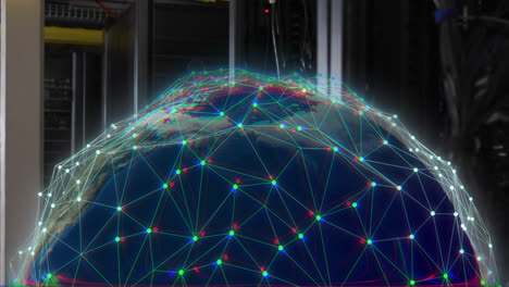 animation of digital data processing with globe over computer servers