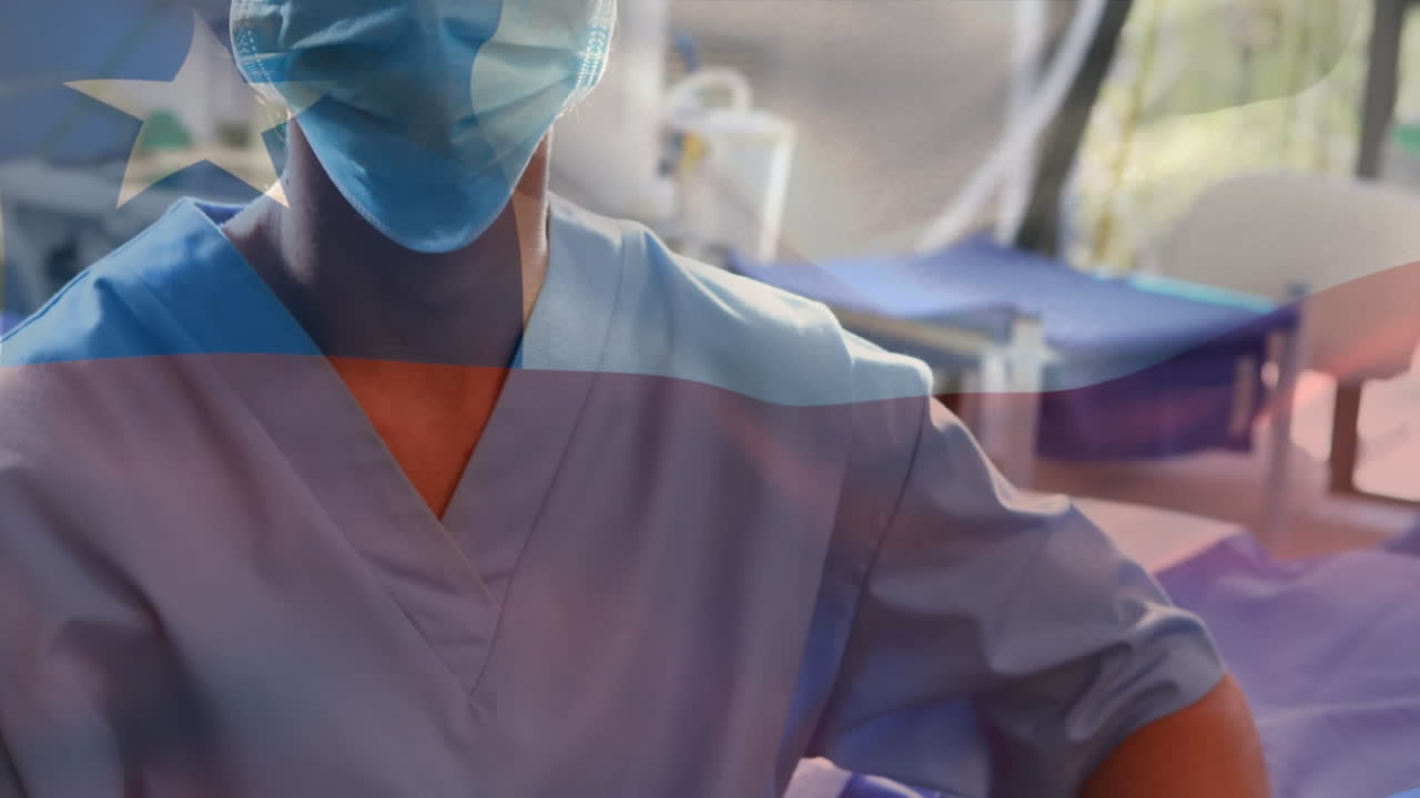 Animation of flag of chile waving over surgeons in operating theatre