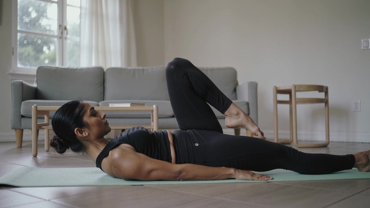 Performing woman wearing black sportswear drawing right knee from lying on mat at home for core