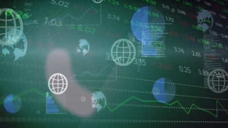 animation of multiple web globe icons over stock market data processing against green background
