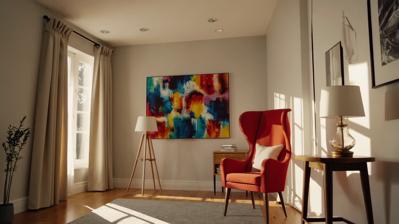 Modern Living Room with Colorful Painting and Red Armchair