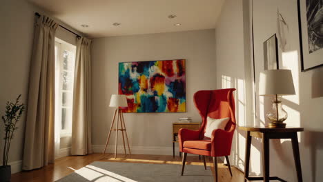 modern living room with colorful painting and red armchair