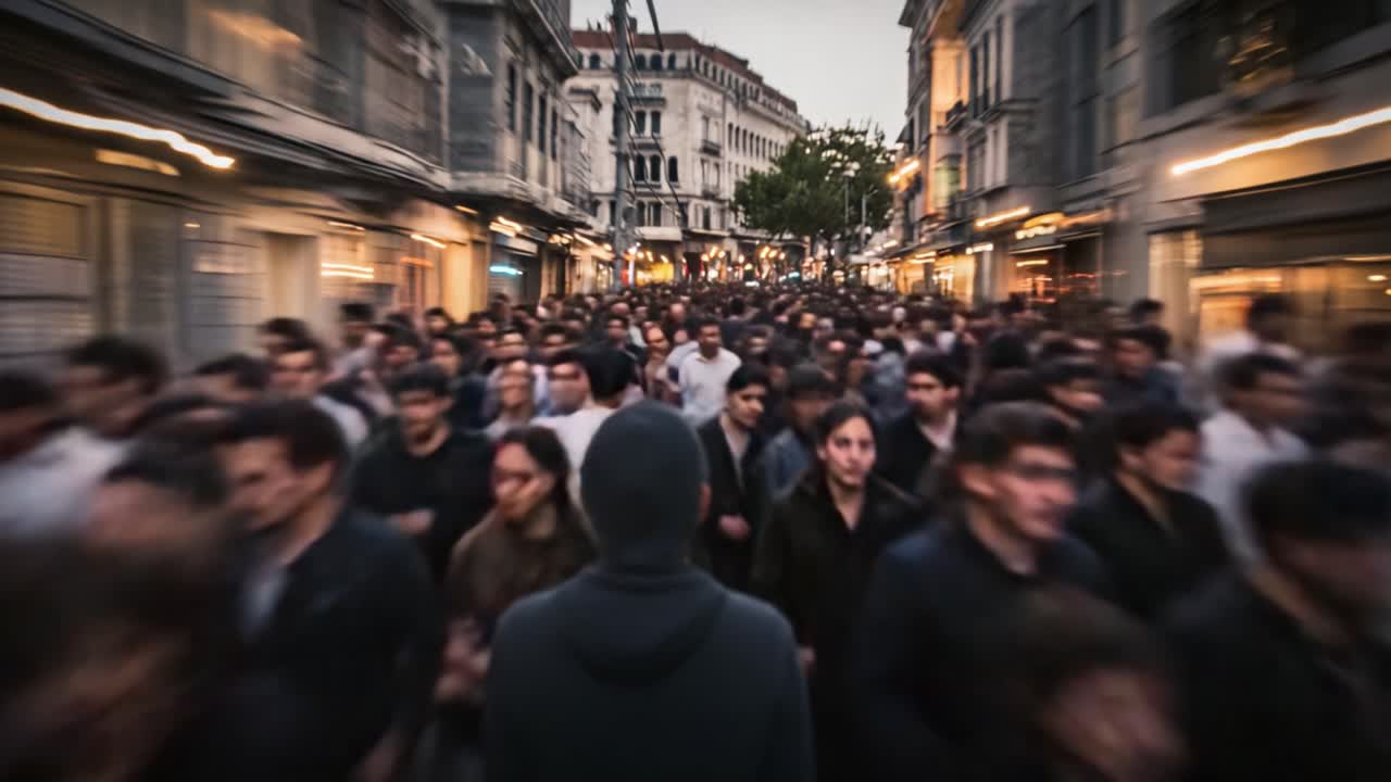 A Bustling Street Scene Captured in Motion: People Walking Through a Vibrant Urban Environment Amidst Evening Ambience and Atmospheric Lighting