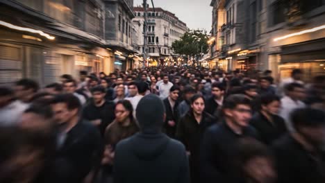a bustling street scene captured in motion: people walking through a vibrant urban environment amidst evening ambience and atmospheric lighting
