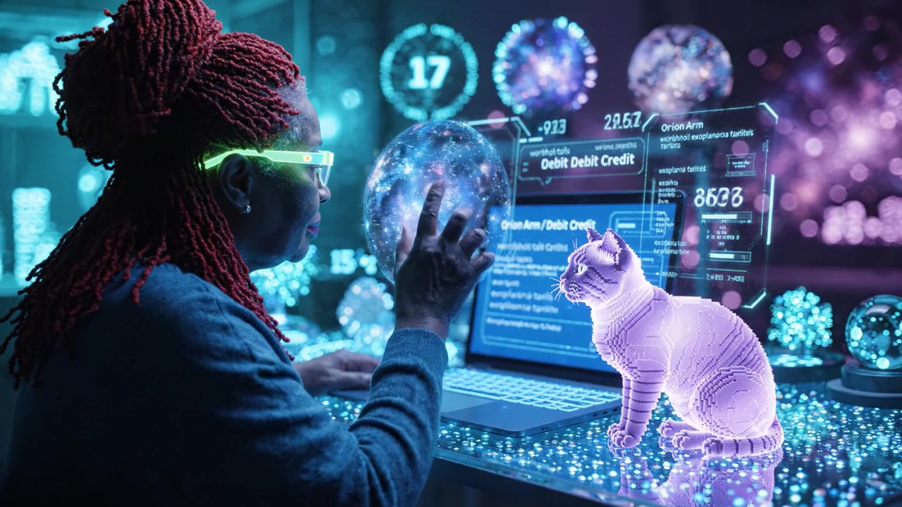 Exploring Digital Realms: A Woman Engages with a Virtual Cat Amidst Glowing Displays of Data and Dynamic Visualizations in a Futuristic Workspace